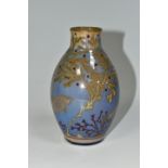A PILKINGTON'S BALUSTER VASE, decorated with fish and pond/seaweed on a blue ground, P and B mark to