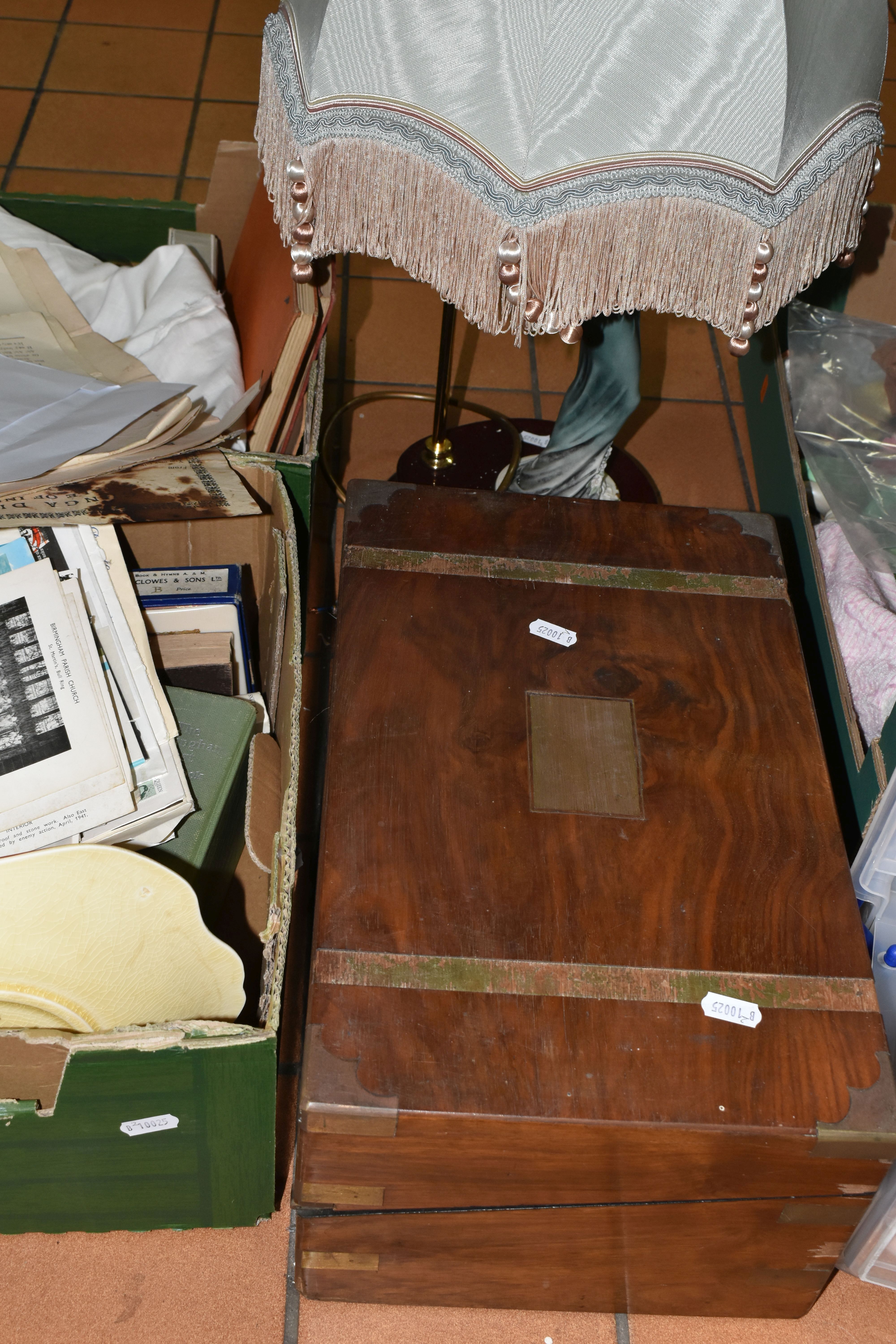 TWO BOXES AND LOOSE EPHEMERA, DINNERWARE, AND GLASSWARE, including a late Victorian writing slope - Image 9 of 10