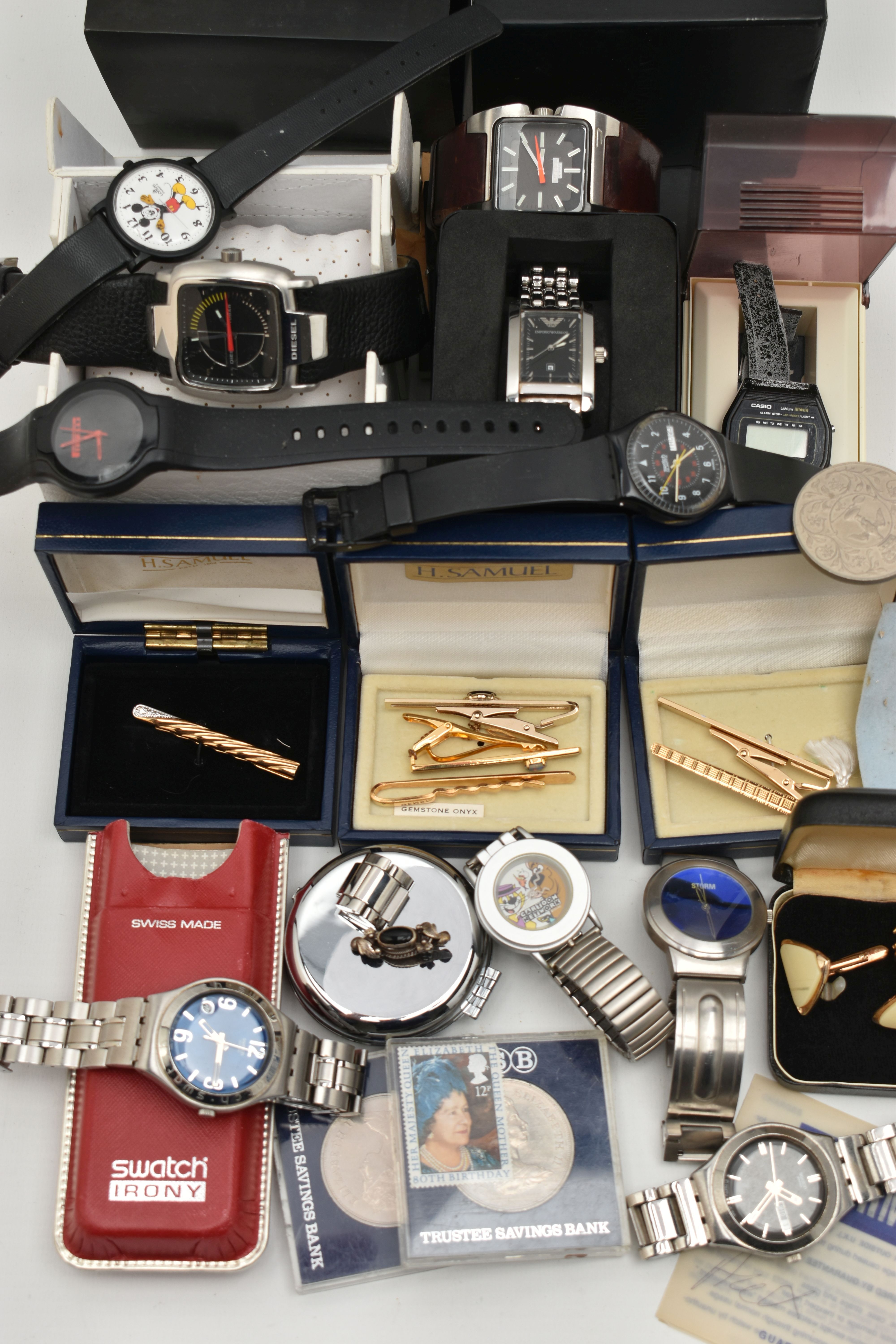 A BOX OF ASSORTED ITEMS, to include a selection of watches, names to include Swatch Irony, Swatch,