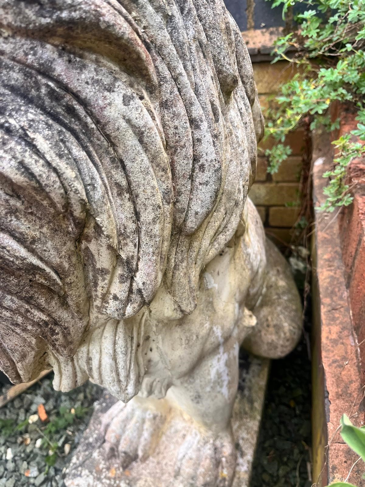 A PAIR OF WEATHERED COMPOSITE SEATED GARDEN LIONS, on a square plinth base, width 35cm x depth - Image 5 of 10