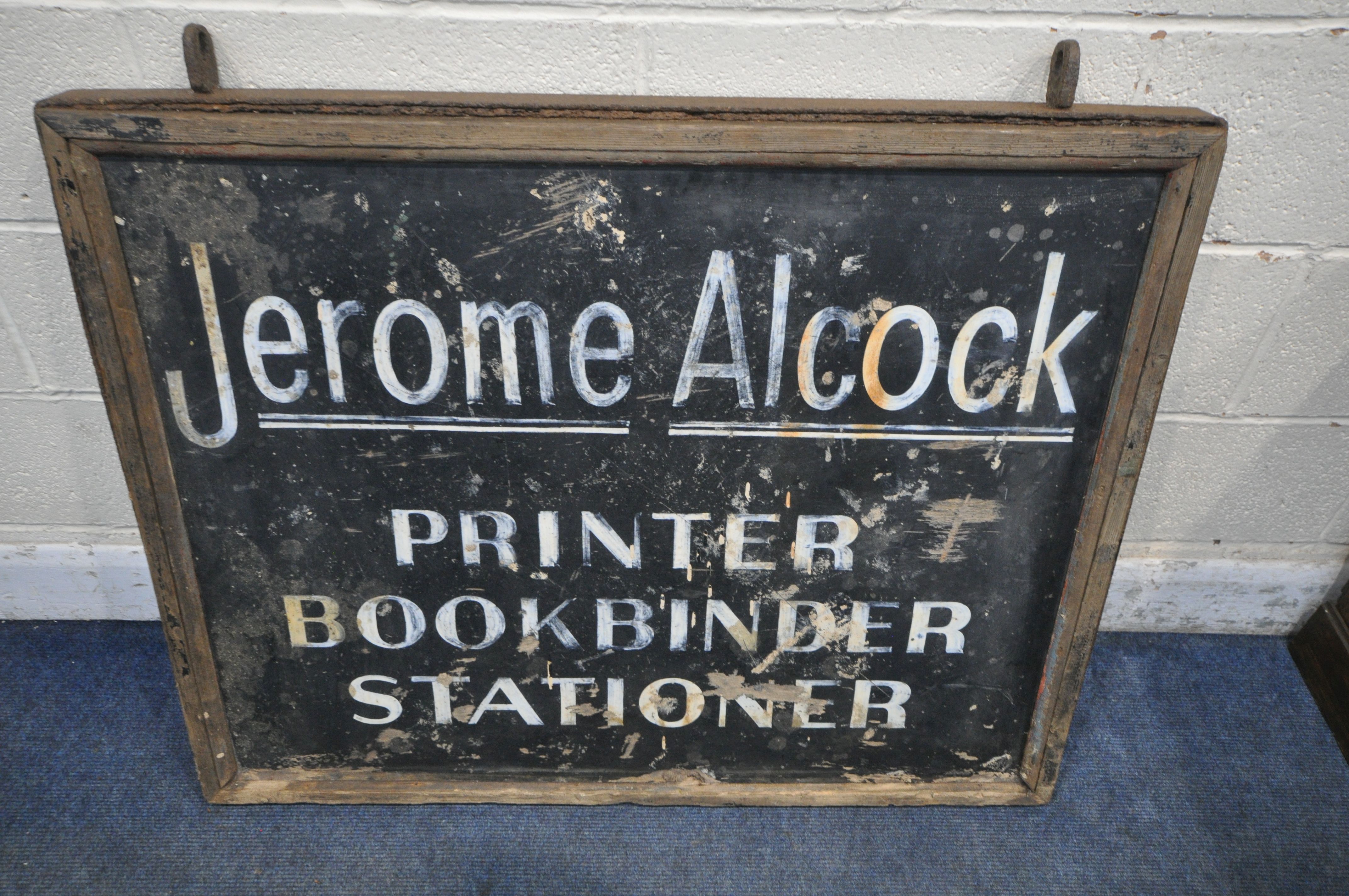 A 19TH CENTURY RECTANGULAR HANGING SIGN, with an iron and pine frame, reading Jerome Alcock, - Image 3 of 4