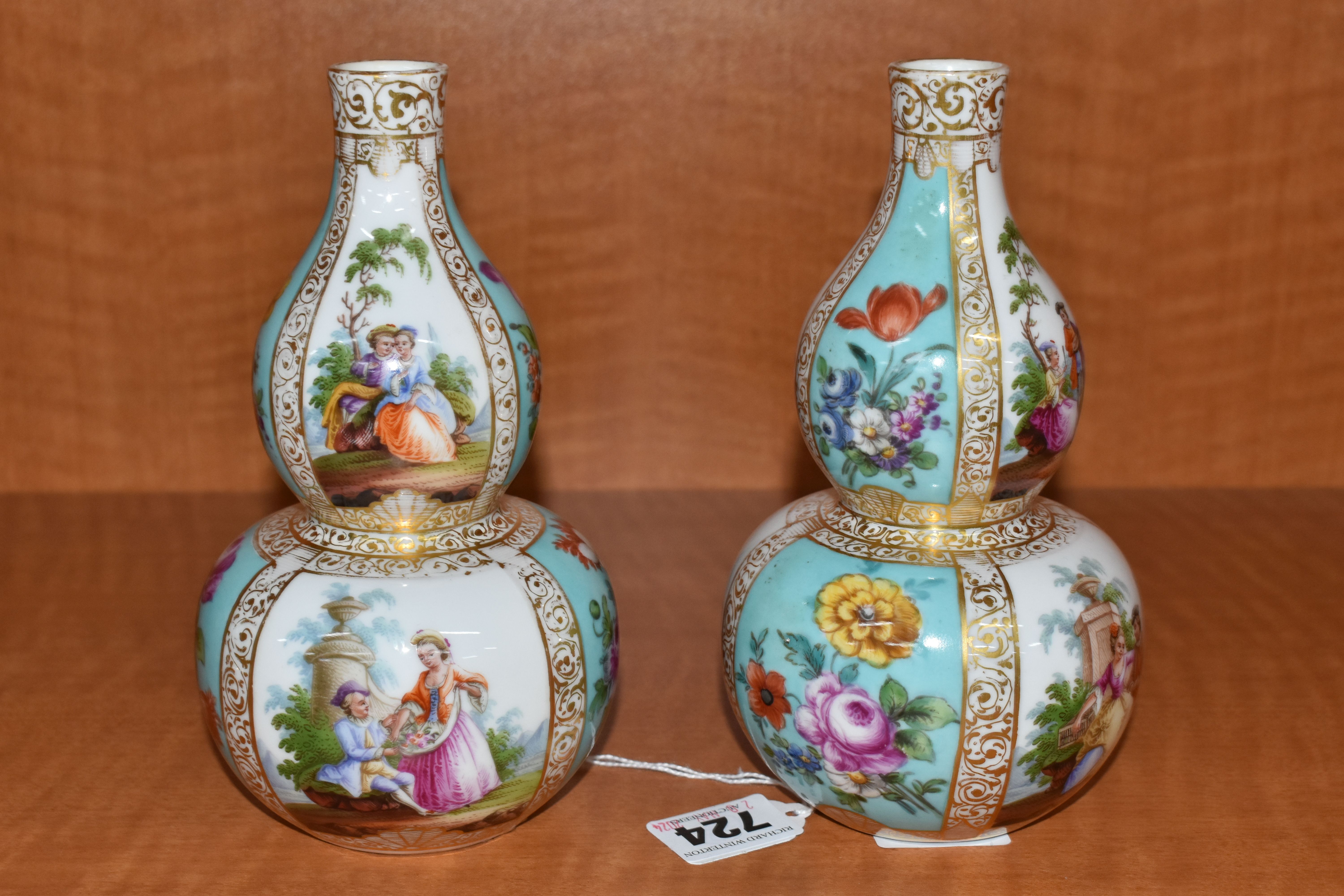 A PAIR OF LATE 19TH CONTINENTAL PORCELAIN VASES OF DOUBLE GOURD FORM, hand painted with - Image 2 of 6
