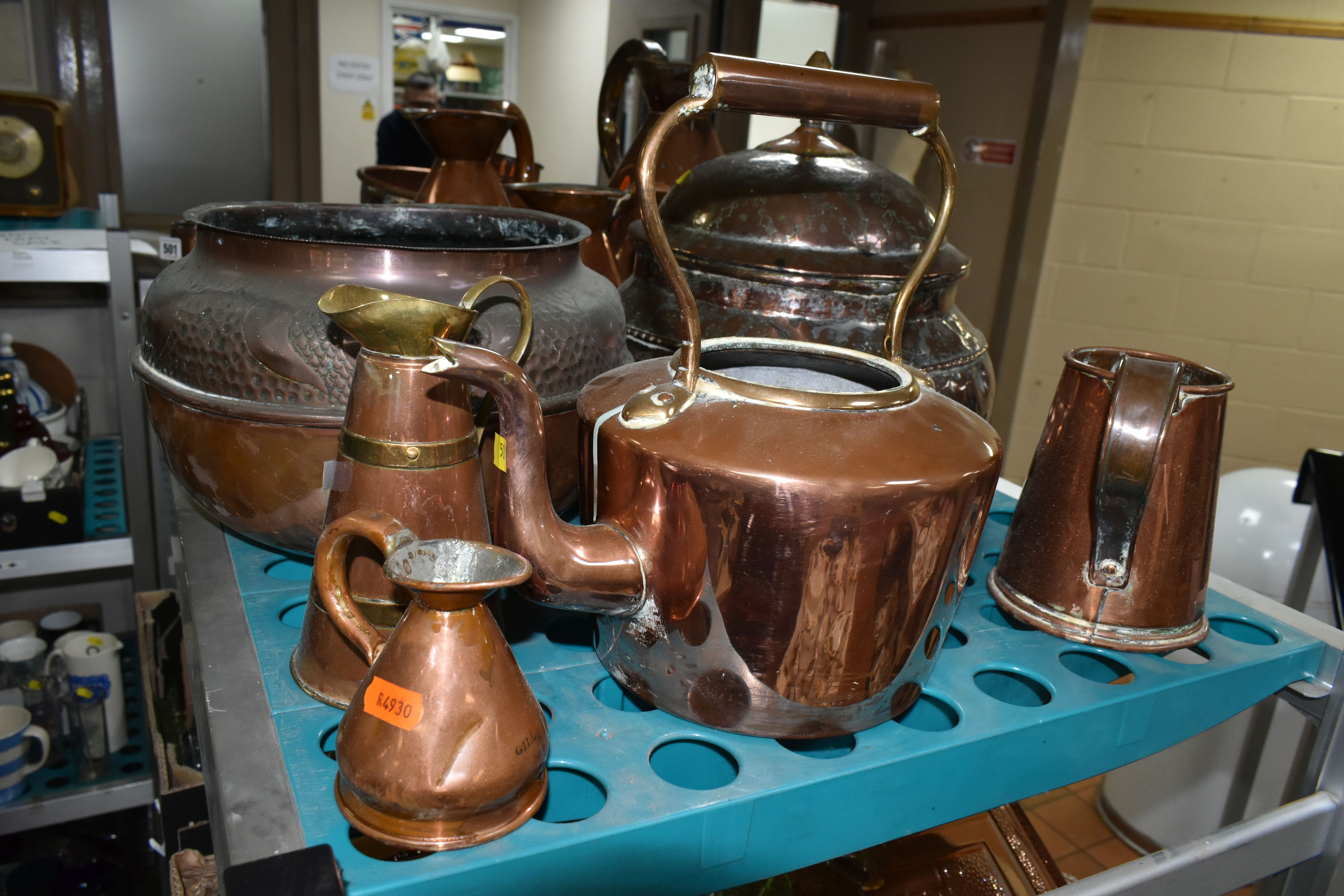 A VARIETY OF COPPERWARE, comprising a selection of measuring vessels, tankards, an 'arts and crafts' - Image 2 of 5