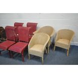 A LLOYD LOOM WICKER BASKET CHAIR, along with three cream Lloyd loom style chairs, and four red