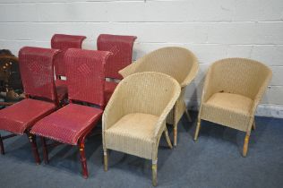 A LLOYD LOOM WICKER BASKET CHAIR, along with three cream Lloyd loom style chairs, and four red