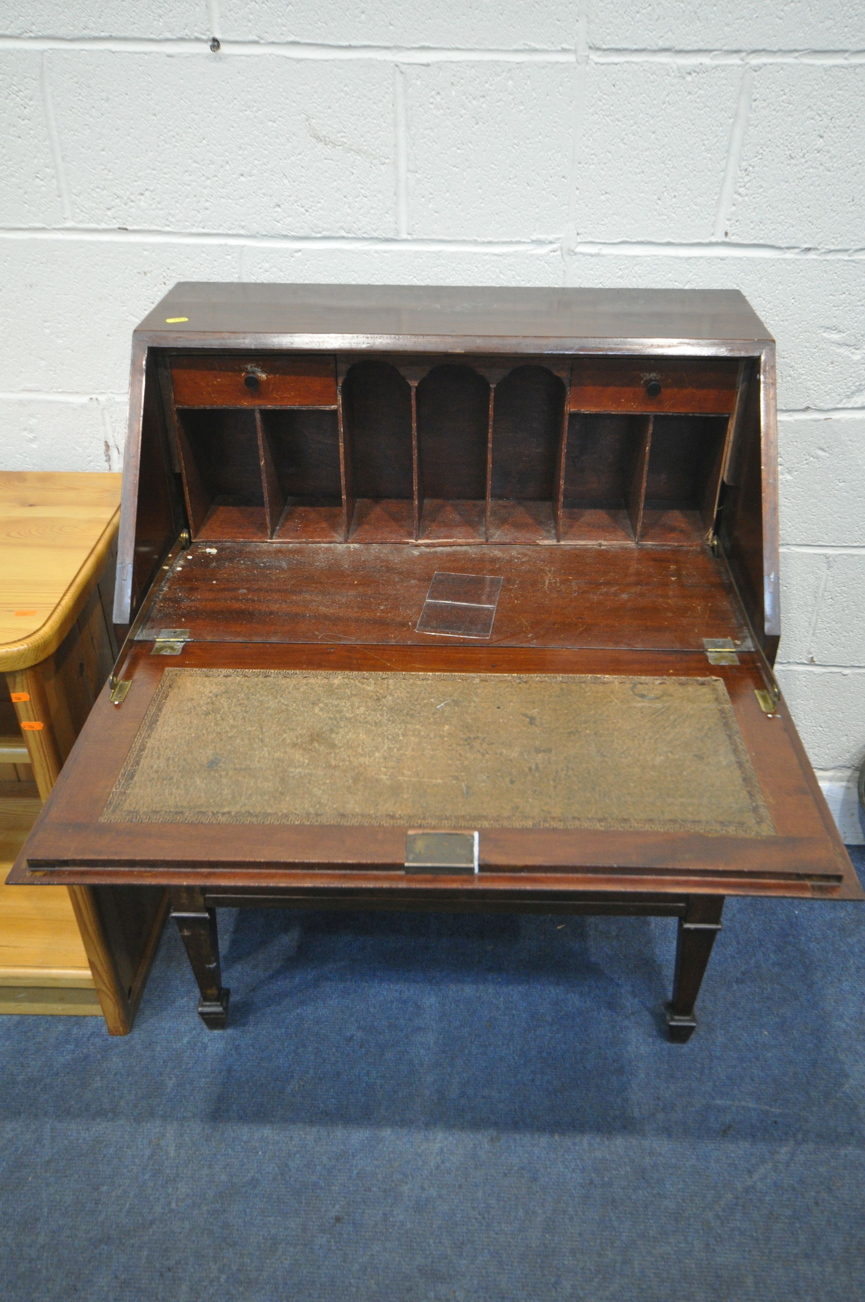 A MAHOGANY BUREAU, with three drawers, 76cm x depth 46cm x height 102cm, and a low pine corner - Image 3 of 4