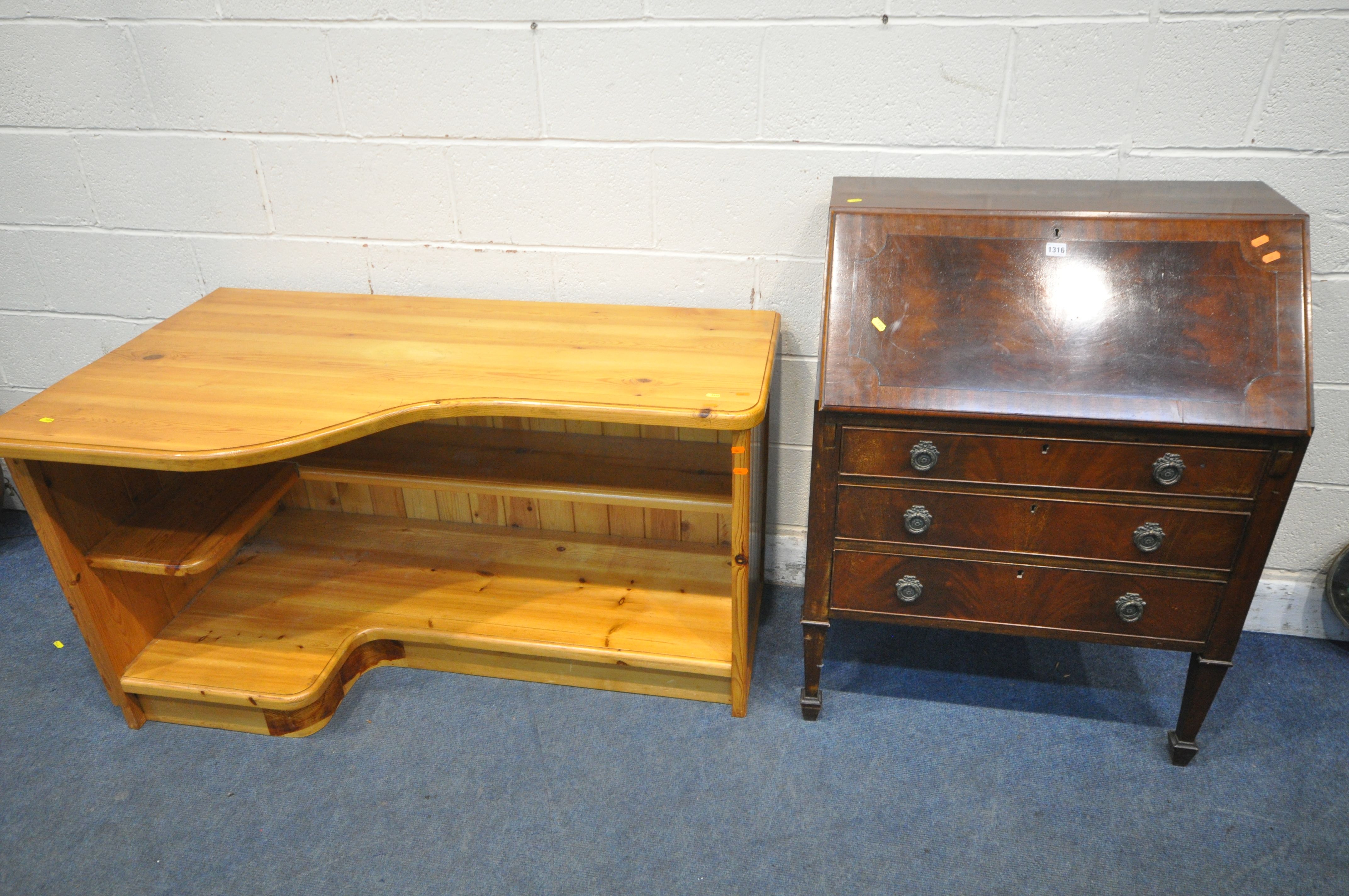 A MAHOGANY BUREAU, with three drawers, 76cm x depth 46cm x height 102cm, and a low pine corner