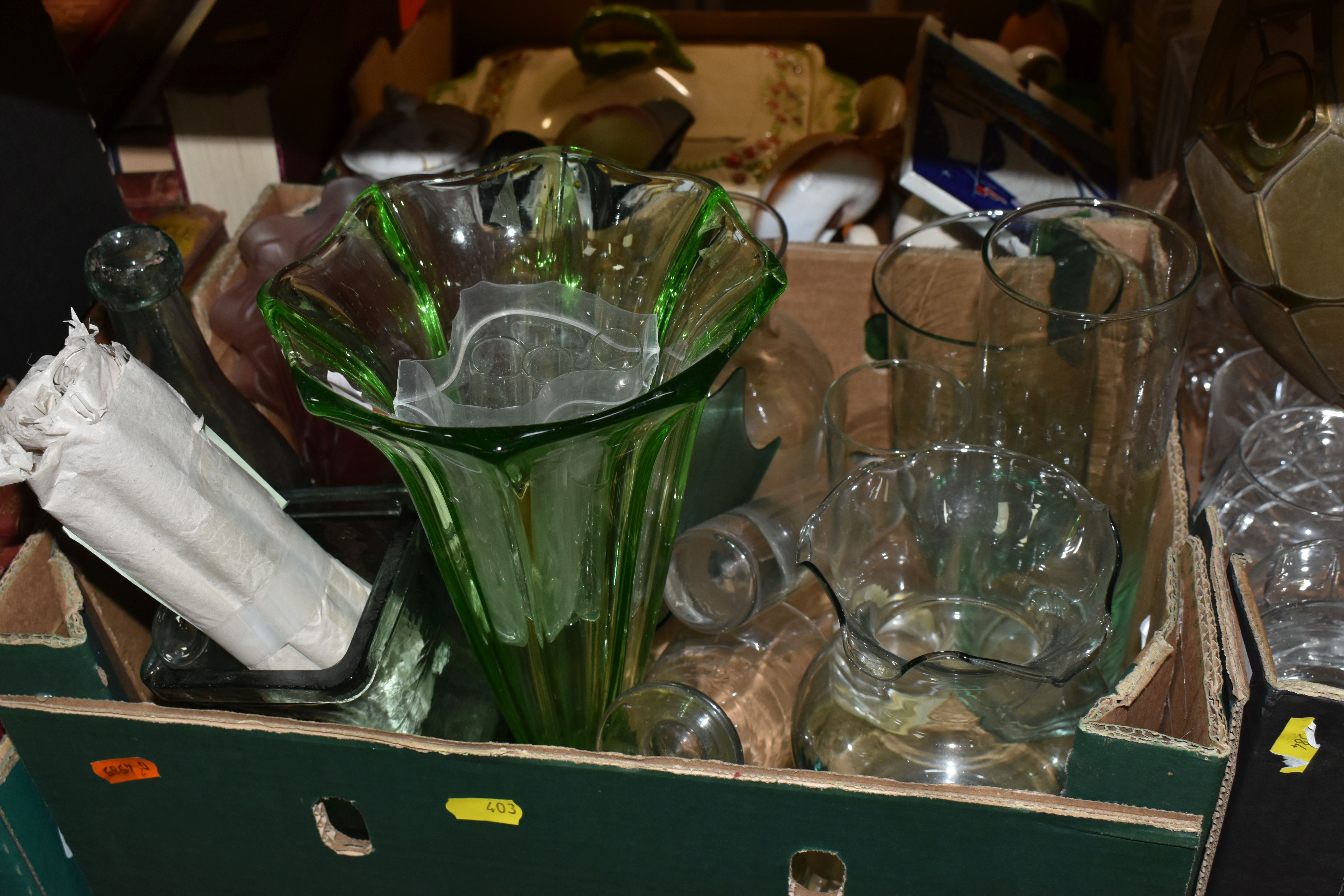 FIVE BOXES OF MIXED CERAMICS AND GLASSWARE INCLUDING VINTAGE TEST TUBES, A TORPEDO BOTTLE, a - Image 2 of 6