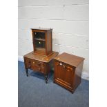 AN EDWARDIAN MAHOGANY FALL FRONT PURDONIUM, along with a glass front smokers cabinet, and a hinged