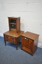 AN EDWARDIAN MAHOGANY FALL FRONT PURDONIUM, along with a glass front smokers cabinet, and a hinged