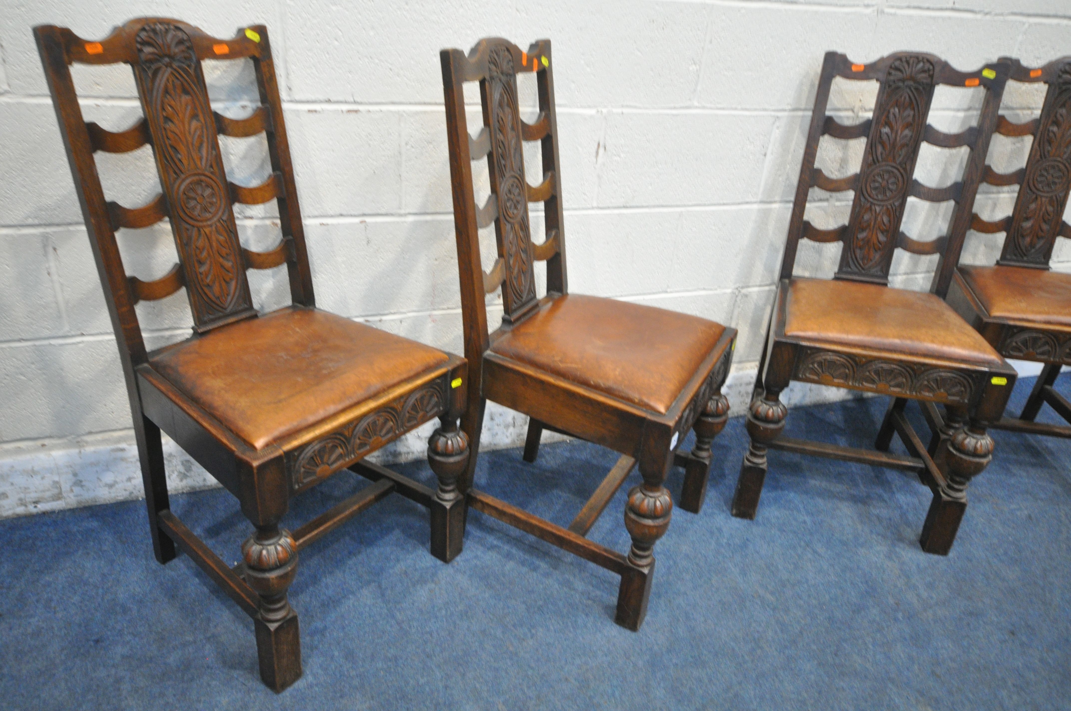 A SET OF EARLY 20TH CENTURY OAK DINING CHAIRS, with foliate backrests, brown leather seat pads, - Image 2 of 4