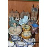 A GROUP OF DENBY VILLAGE ORNAMENTS AND OTHER CERAMICS, comprising a Georgian Town House, two