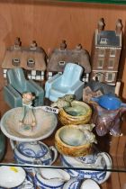 A GROUP OF DENBY VILLAGE ORNAMENTS AND OTHER CERAMICS, comprising a Georgian Town House, two