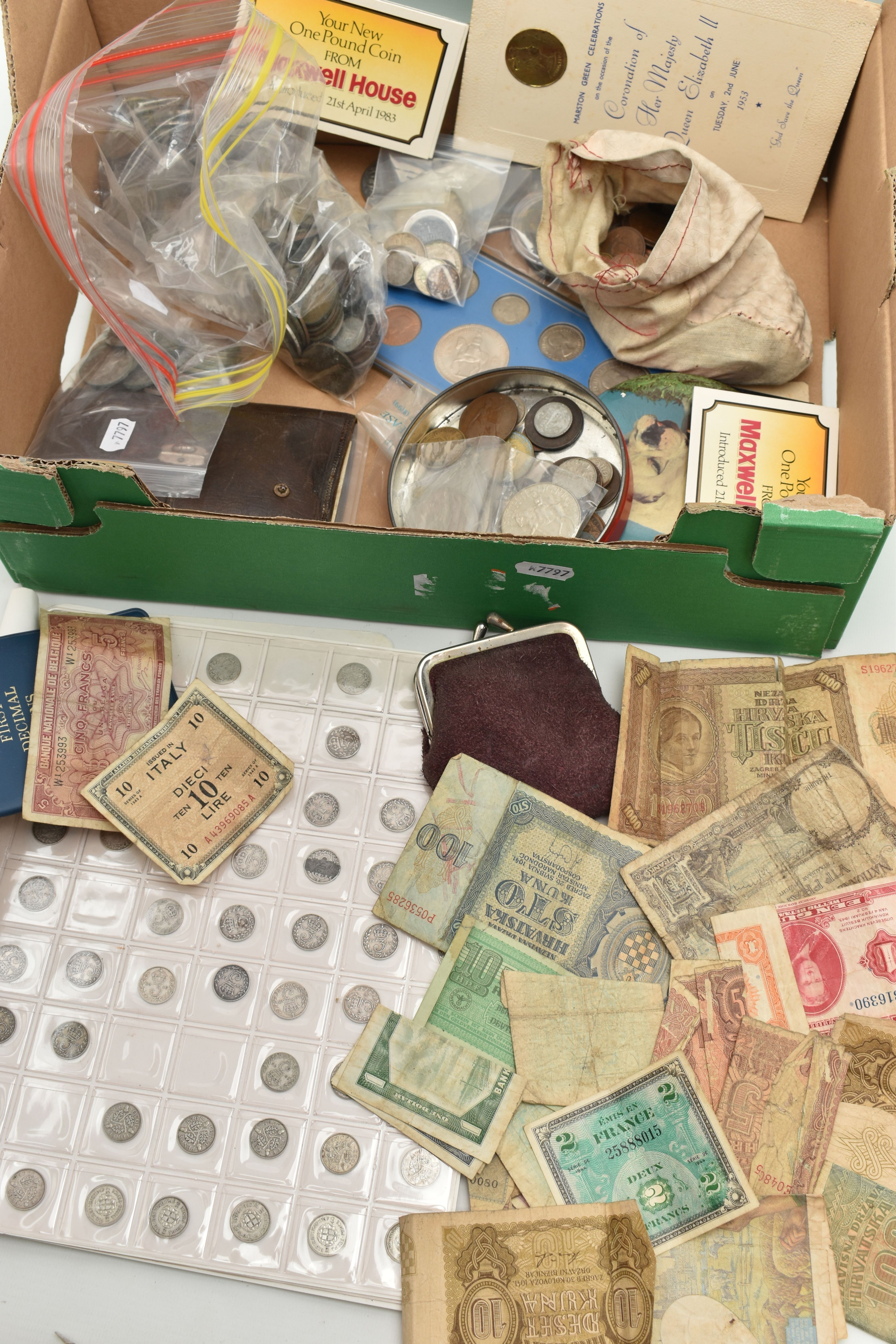 A CARDBOARD BOX CONTAINING MIXED COINS AND BANKNOTES, to include a 1797 Penny and Halfpenny, a