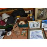 SIX BOXES AND LOOSE SUNDRIES including 'Shakespeare' fishing reels and assorted supplies in a