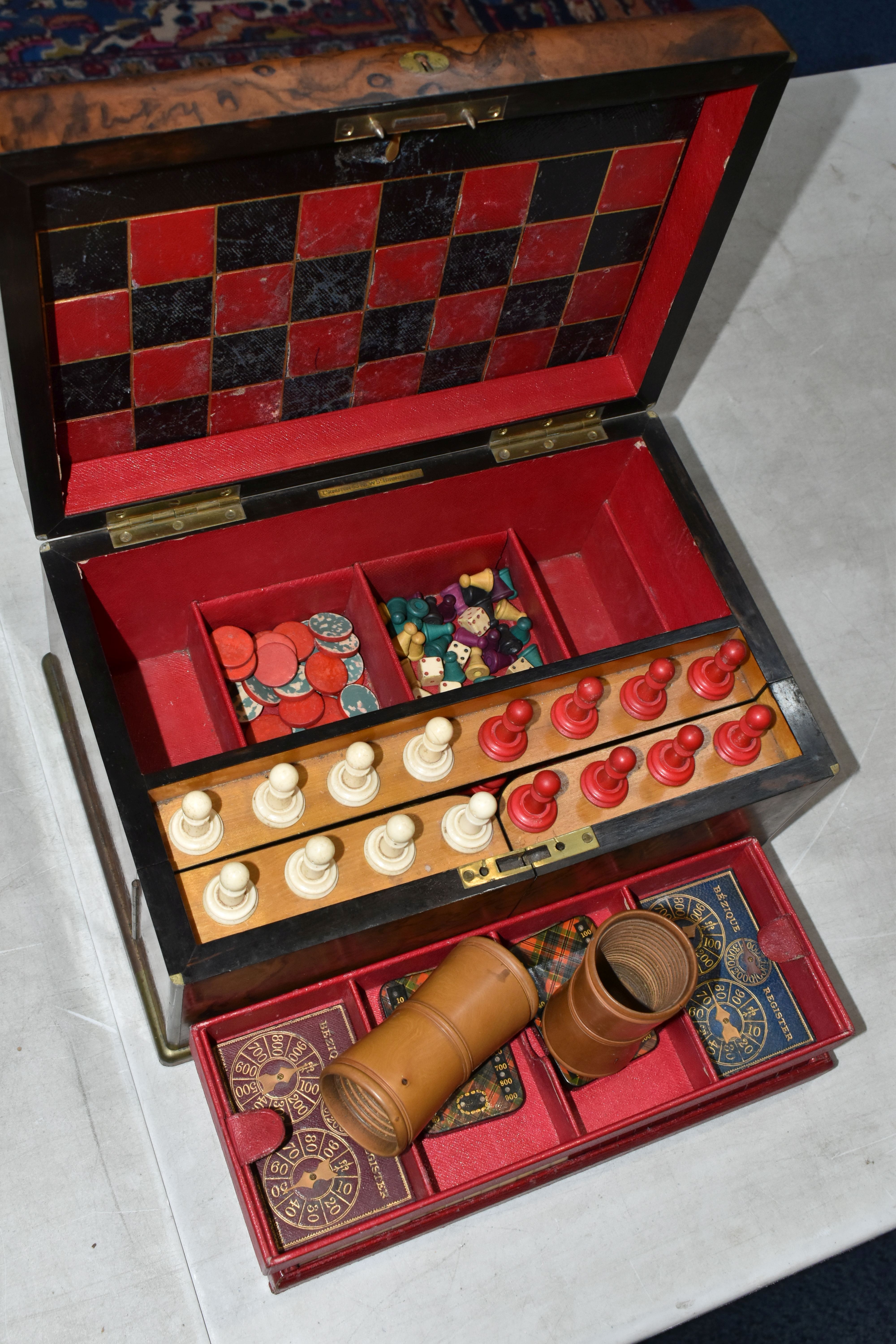 A VICTORIAN BURR WALNUT AND BRASS BOUND GAMES COMPENDIUM, the rectangular box with hinged lid with - Image 26 of 45