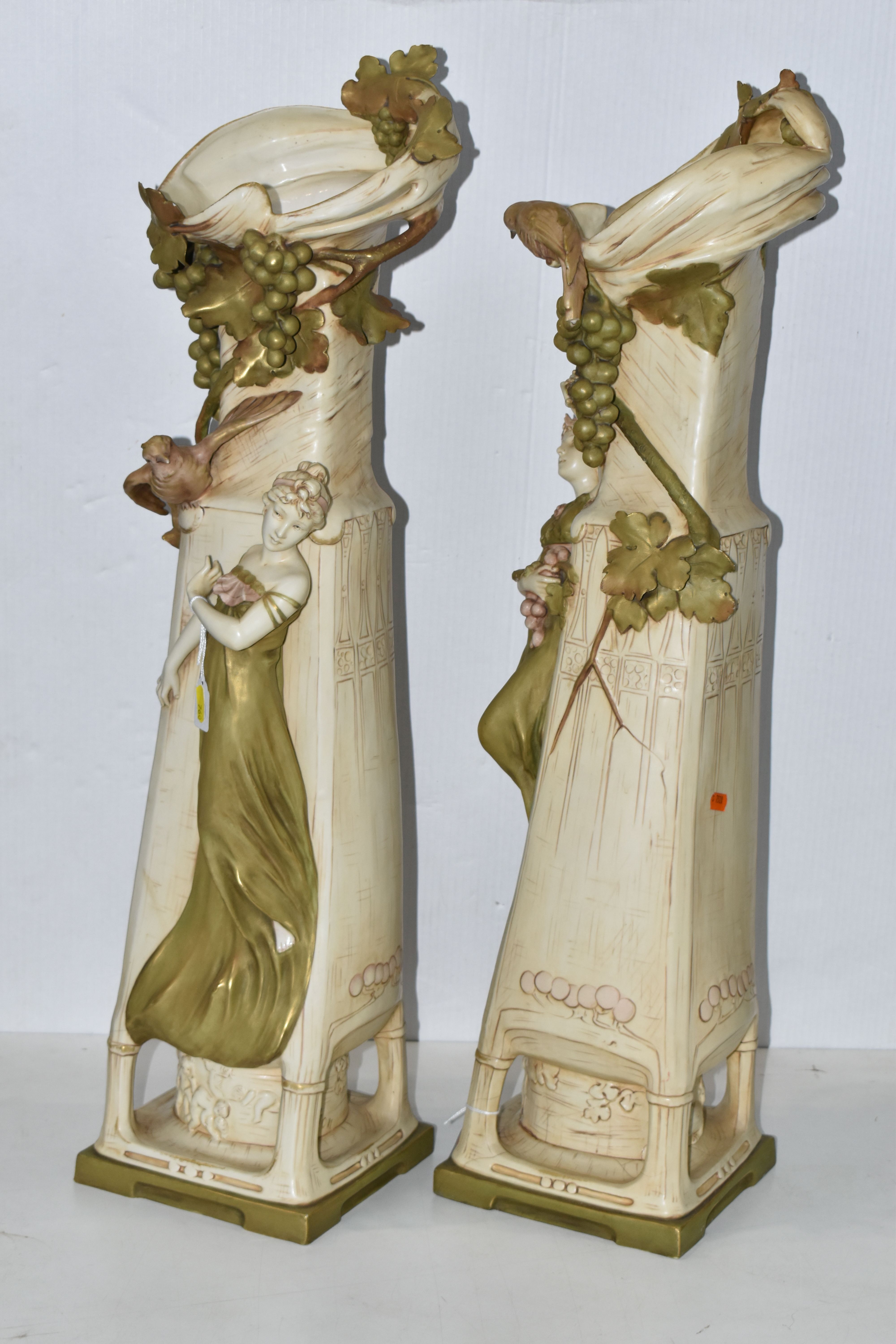 A PAIR OF ROYAL DUX ART NOUVEAU FIGURAL VASES, each modelled with a scrolling neck with fruiting - Image 19 of 21