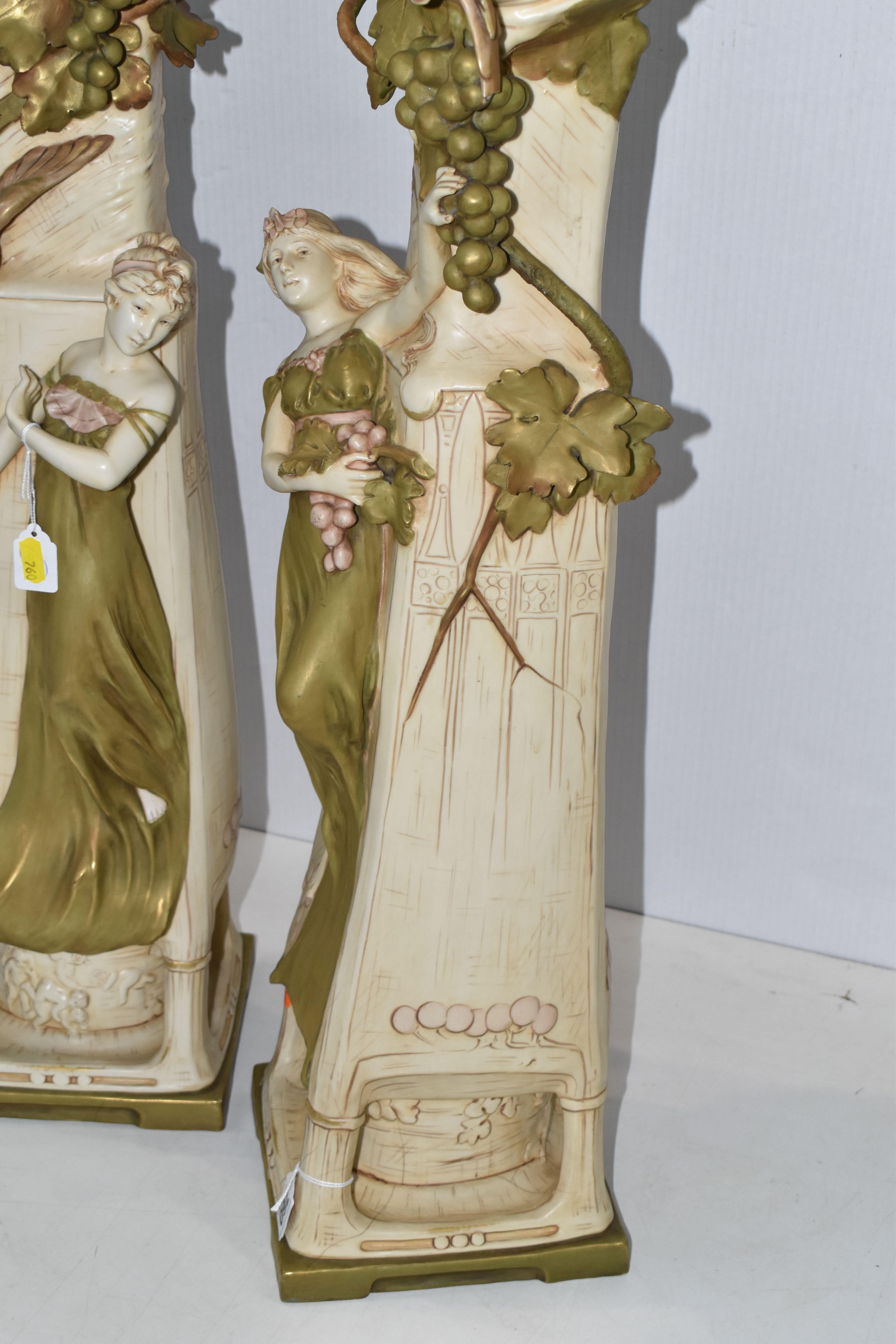 A PAIR OF ROYAL DUX ART NOUVEAU FIGURAL VASES, each modelled with a scrolling neck with fruiting - Image 6 of 21