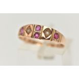 A MID VICTORIAN 15CT GOLD RUBY AND SPLIT PEARL RING, designed as two split pearls interspaced by