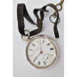 AN EDWARDIAN SILVER OPEN FACE POCKET WATCH, the white face with black Roman numerals, subsidiary