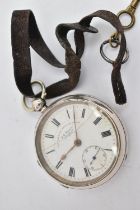 AN EDWARDIAN SILVER OPEN FACE POCKET WATCH, the white face with black Roman numerals, subsidiary