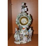 A LATE 19TH CENTURY MEISSEN PORCELAIN FIGURAL MANTEL CLOCK OF BALLOON SHAPE, mould no .572, with