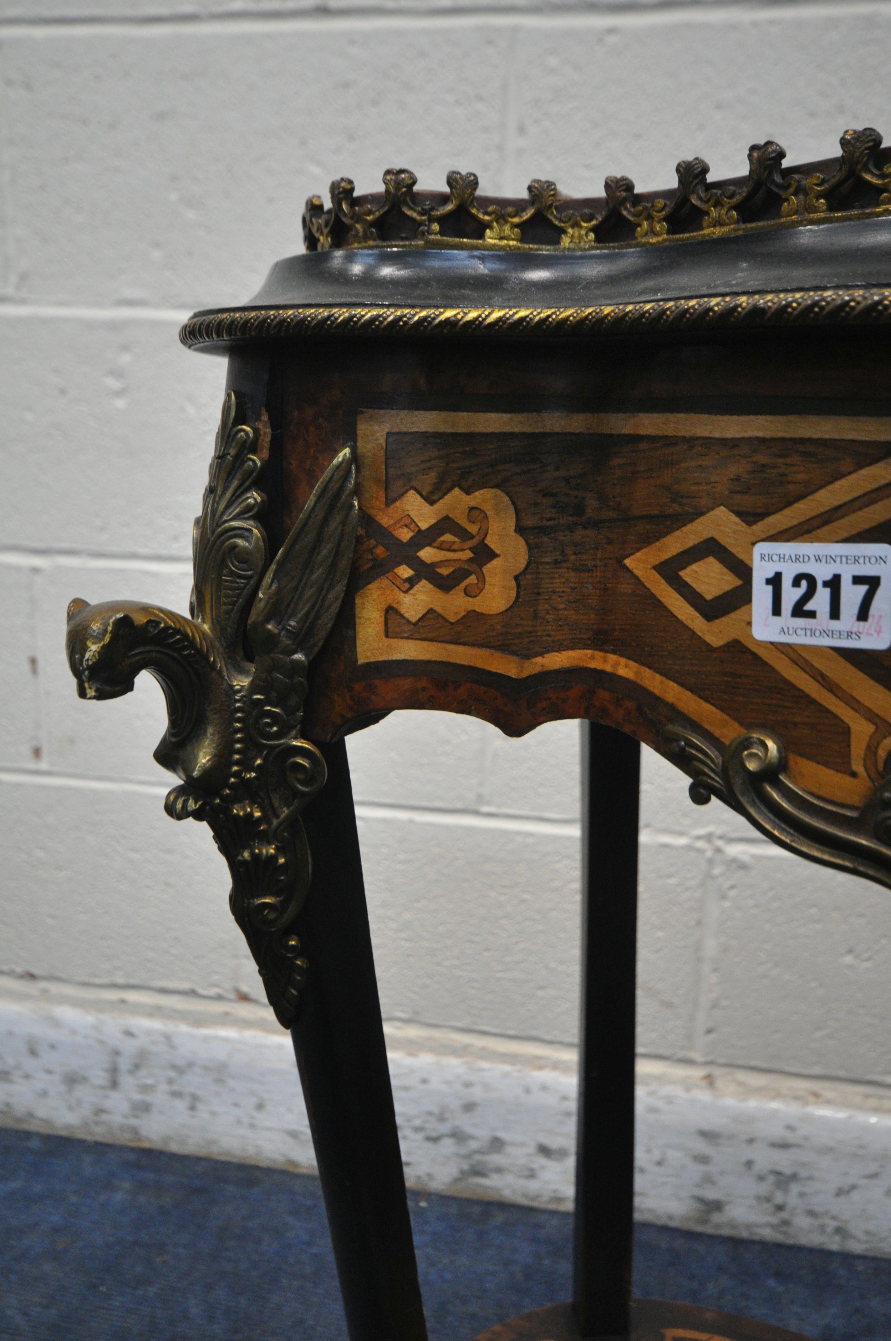 A LOUIS XV MARQUETRY INLAID SERPENTINE PLANTER TABLE, the twin handled lid with a painted - Image 7 of 10