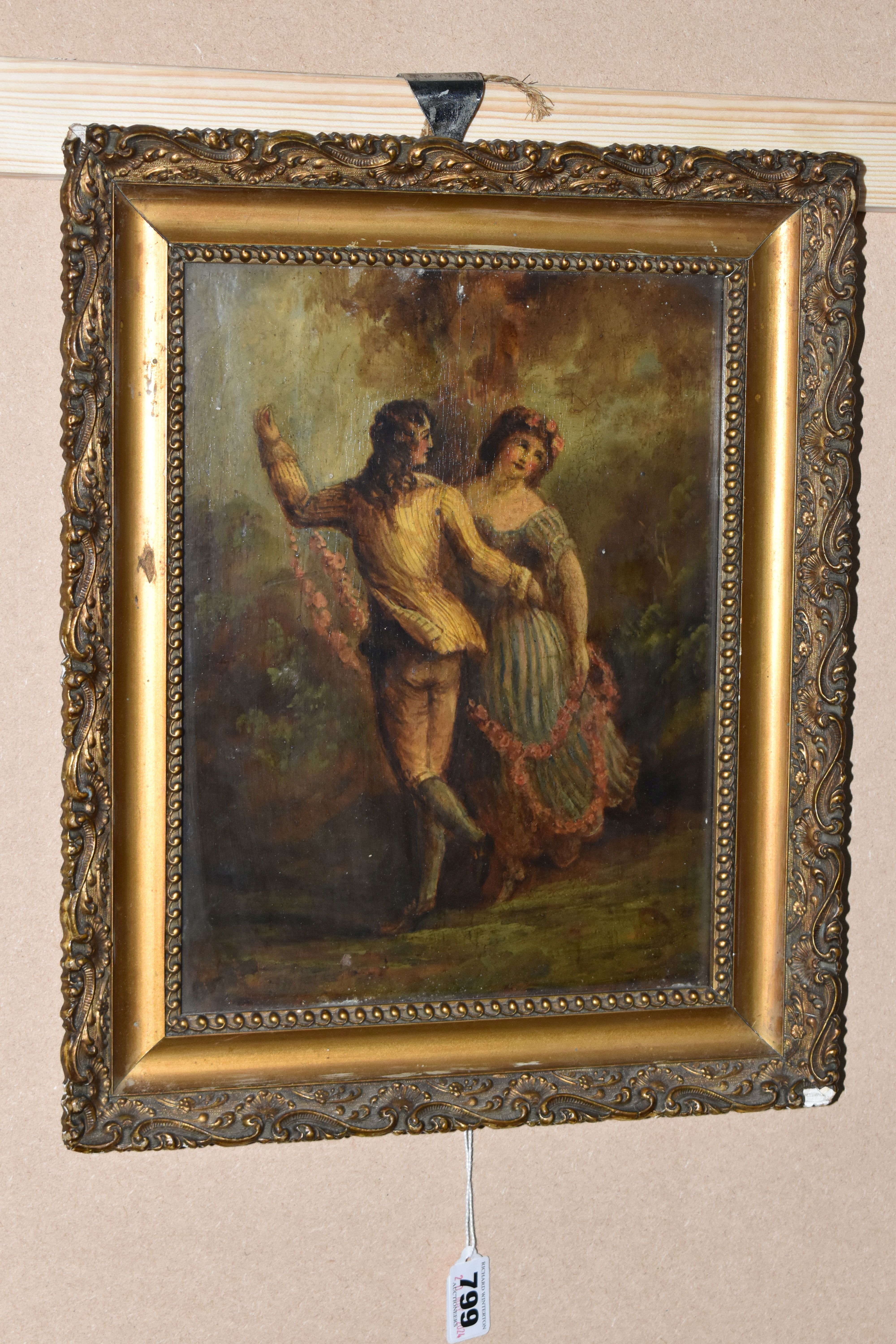 A 19TH CENTURY STUDY OF ROMANTIC DANCING FIGURES, he has one arm around her waist while holding a