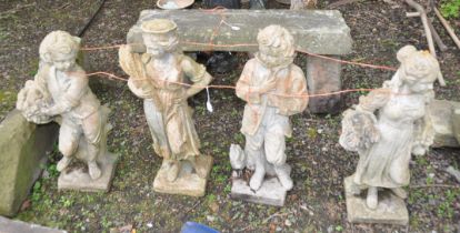 A SET OF FOUR COMPOSITE GARDEN FIGURES two male and two female (tallest being 77cm high)