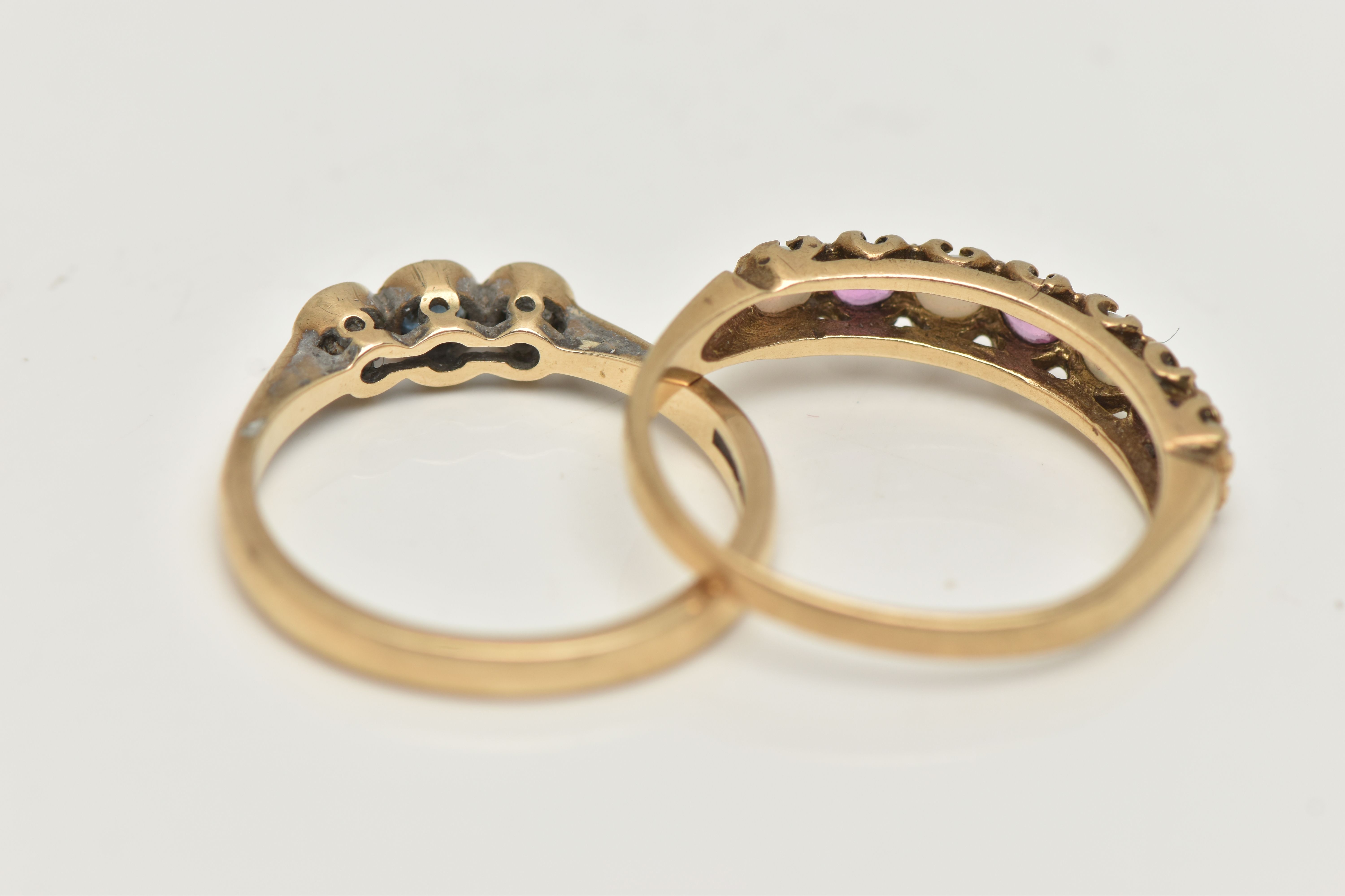 TWO 9CT GOLD GEM SET RINGS, the first designed as a central circular cut sapphire flanked by - Image 3 of 4