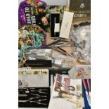 A BOX OF ASSORTED ITEMS, to include a cased 'Riefler' drawing set, a quality street tin filled