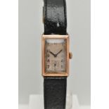 A GENTS 9CT GOLD MID 20TH CENTURY WRISTWATCH, manual wind, rectangular worn silvered dial, Arabic