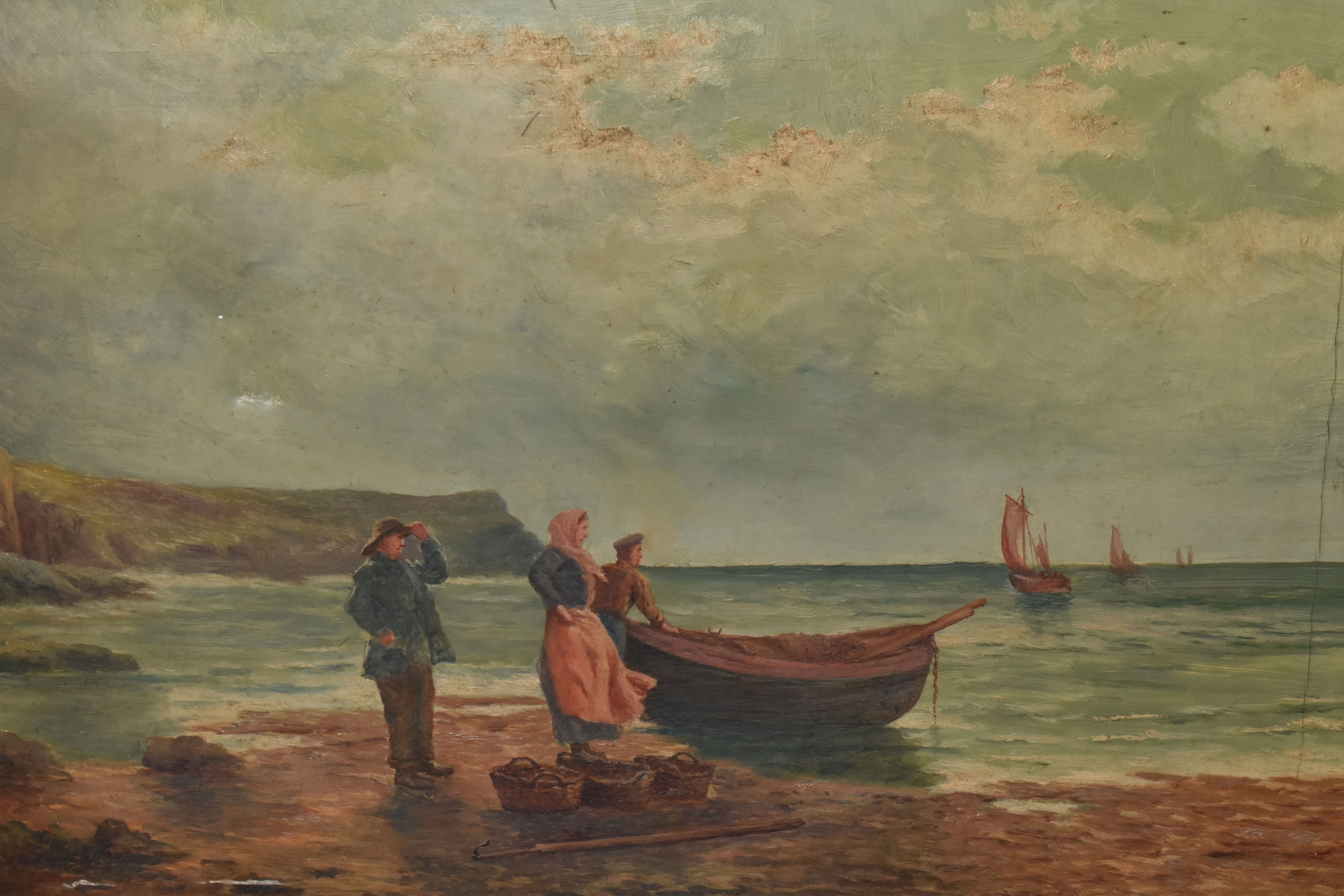 TWO UNSIGNED EARLY 20TH CENTURY COASTAL LANDSCAPES, the first depicts three figures on a beach - Image 7 of 11