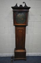 A GEORGIAN OAK 30 HOUR LONGCASE CLOCK, the hood with swan neck pediment, the circular glass door