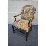 A REPRODUCTION GEORGIAN STYLE MAHOGANY ARMCHAIR, with patterned fabric (condition report: scuffs and