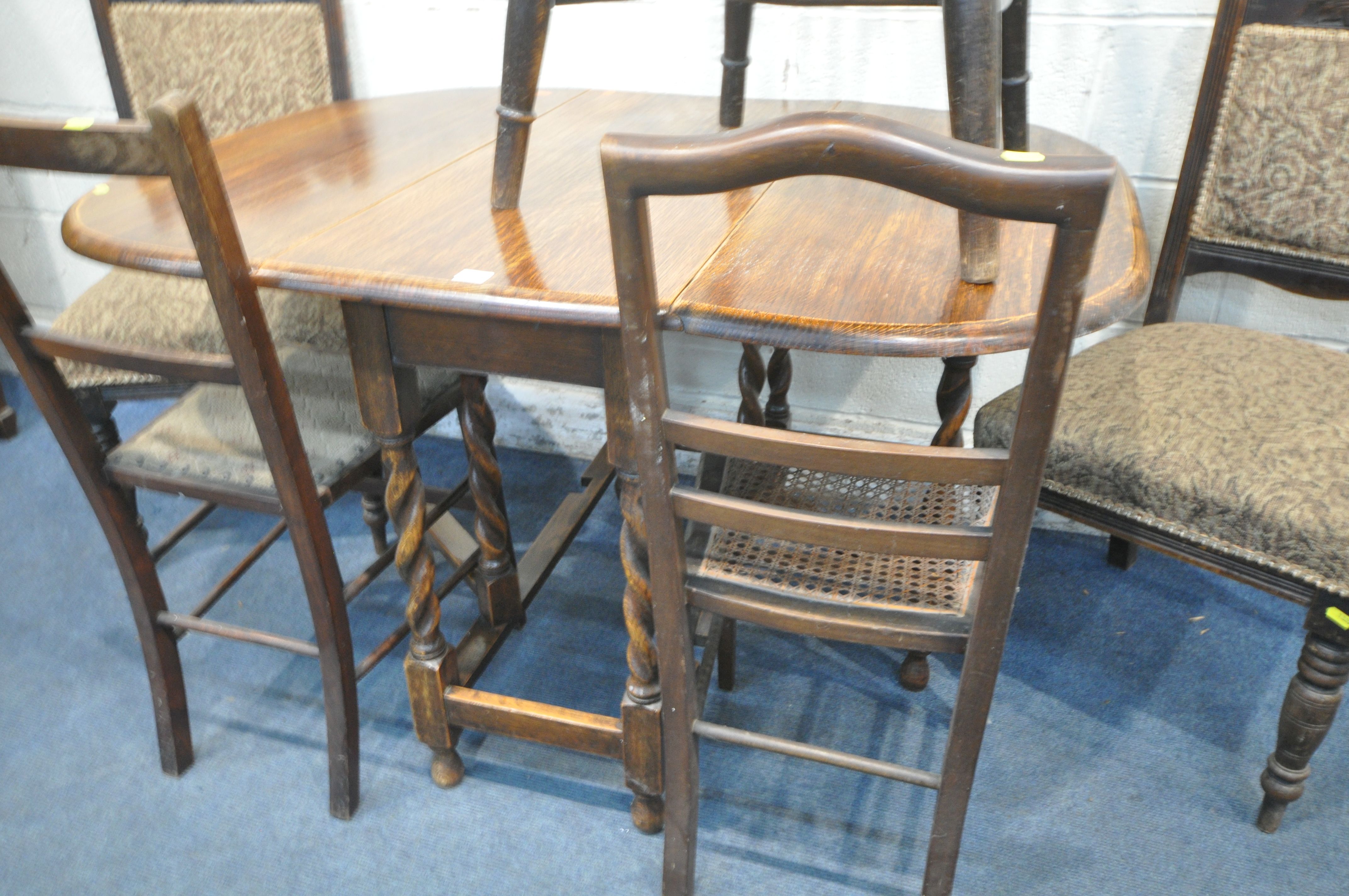 A BARLEY TWIST GATE LEG TABLE, open length 120cm x depth 90cm x height 73cm, and five various - Image 3 of 3