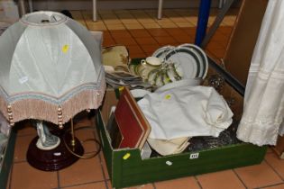 TWO BOXES AND LOOSE EPHEMERA, DINNERWARE, AND GLASSWARE, including a late Victorian writing slope