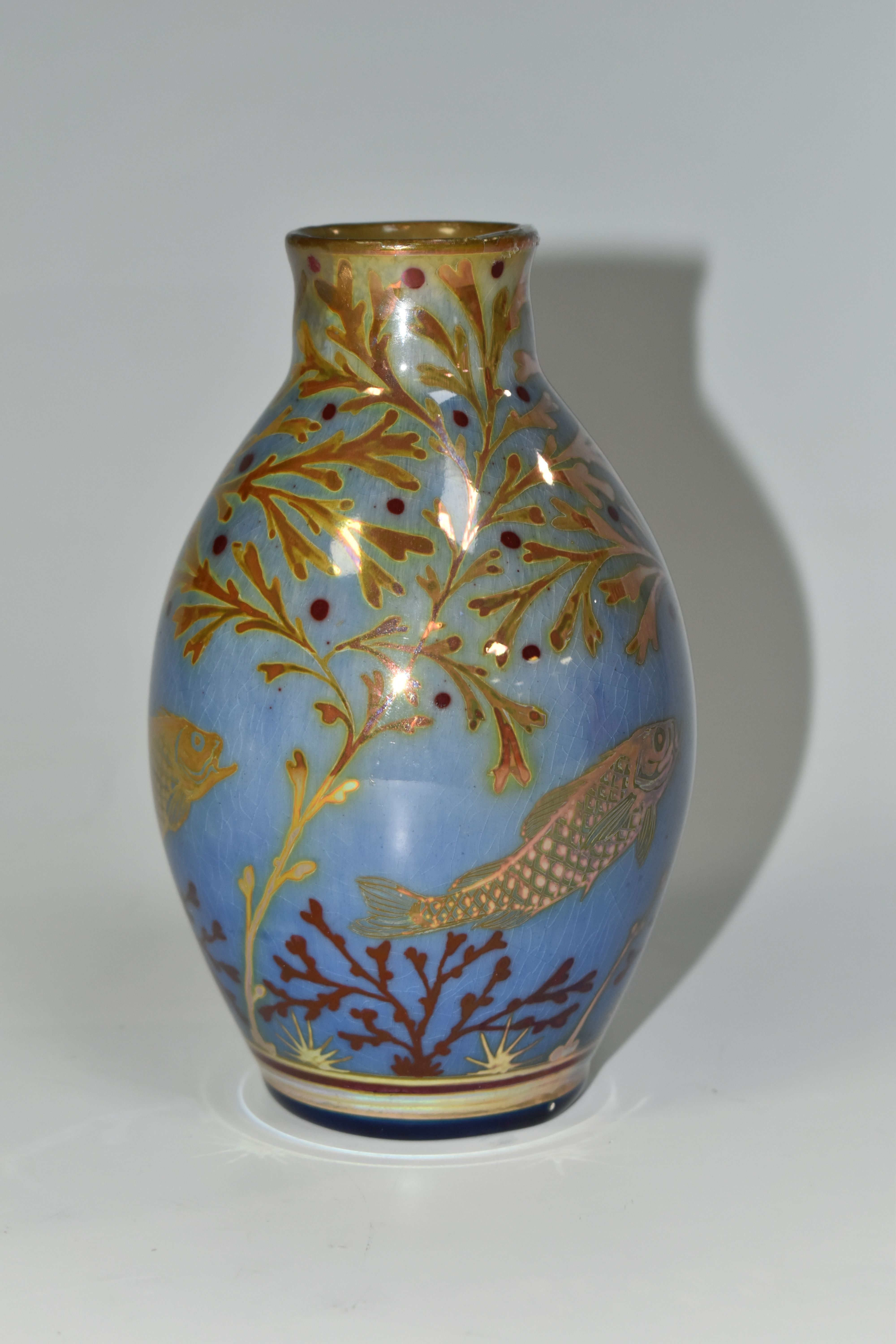 A PILKINGTON'S BALUSTER VASE, decorated with fish and pond/seaweed on a blue ground, P and B mark to - Image 2 of 5