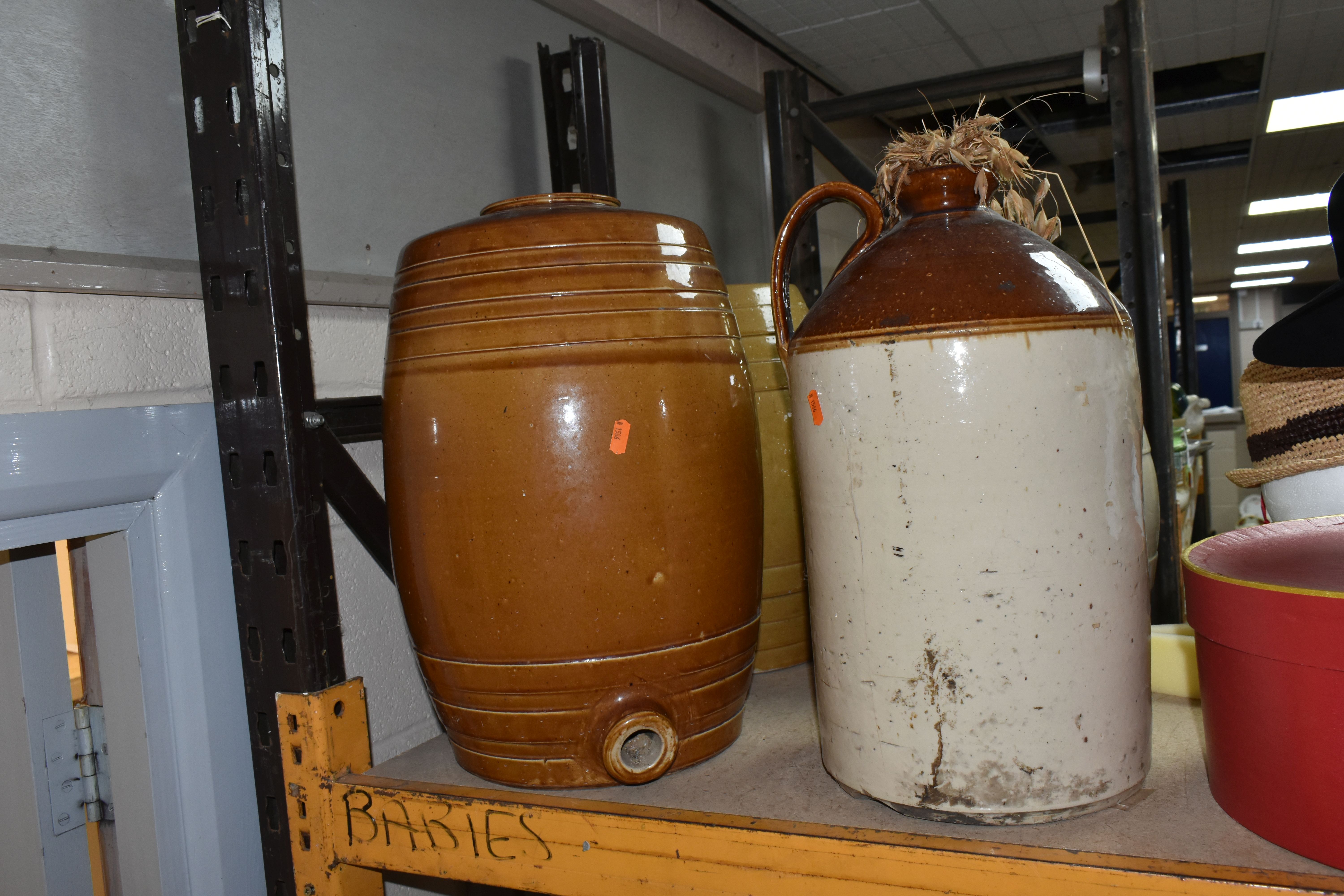 A GROUP OF SALT GLAZED EARTHENWARE ALE/BEER BARRELS AND FLAGON, comprising a 2 gallon barrel made by - Image 2 of 2