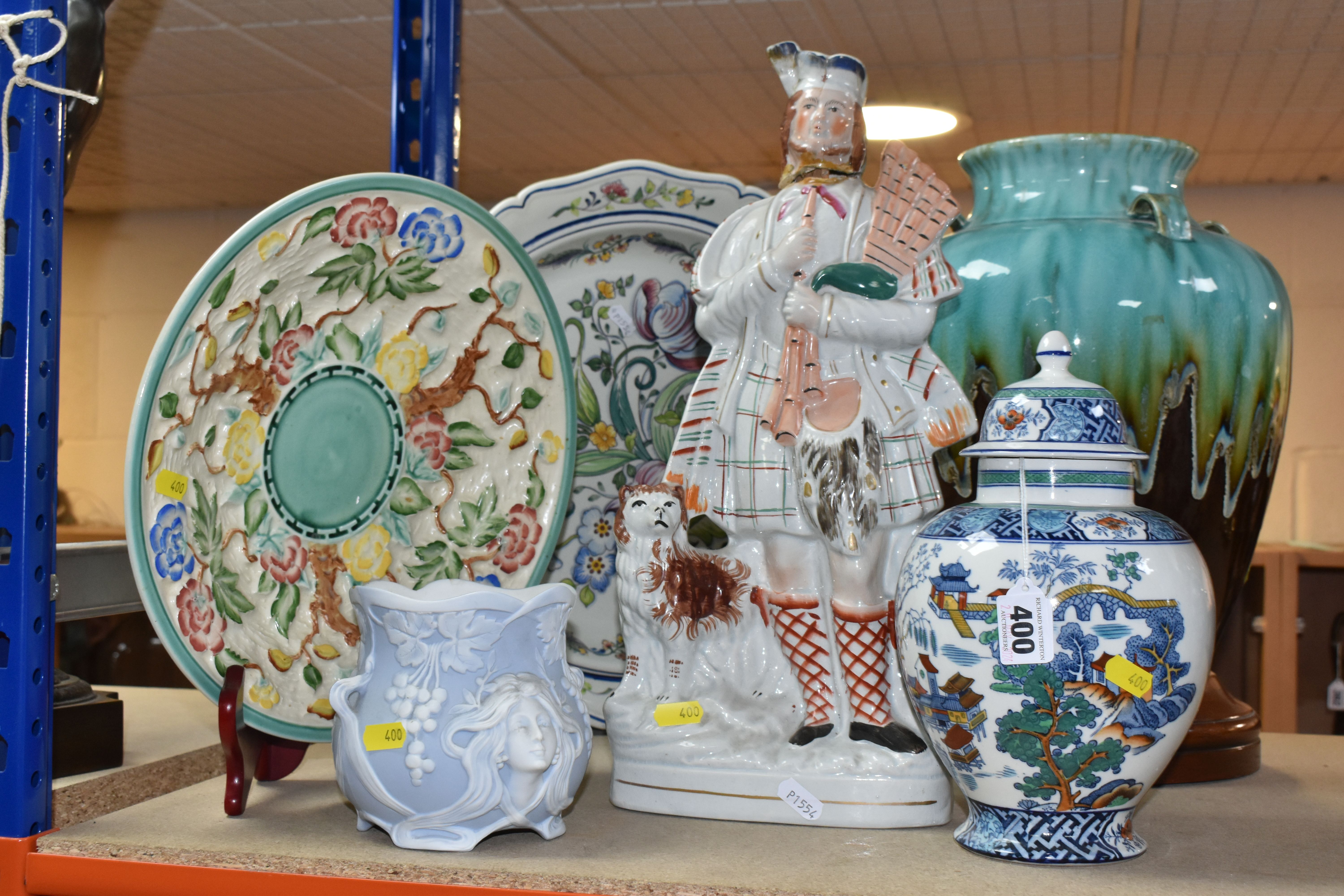 A GROUP OF LARGE ORNAMENTS, comprising a Staffordshire Highlander porcelain figure, height 41 cm,