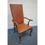 A GEORGIAN MAHOGANY ARMCHAIR, reupholstered with brown leatherette, the open armrests with an