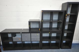 A SELECTION OF MODERN IKEA SHELVING UNITS, if various sizes, one with four drawers, largest unit