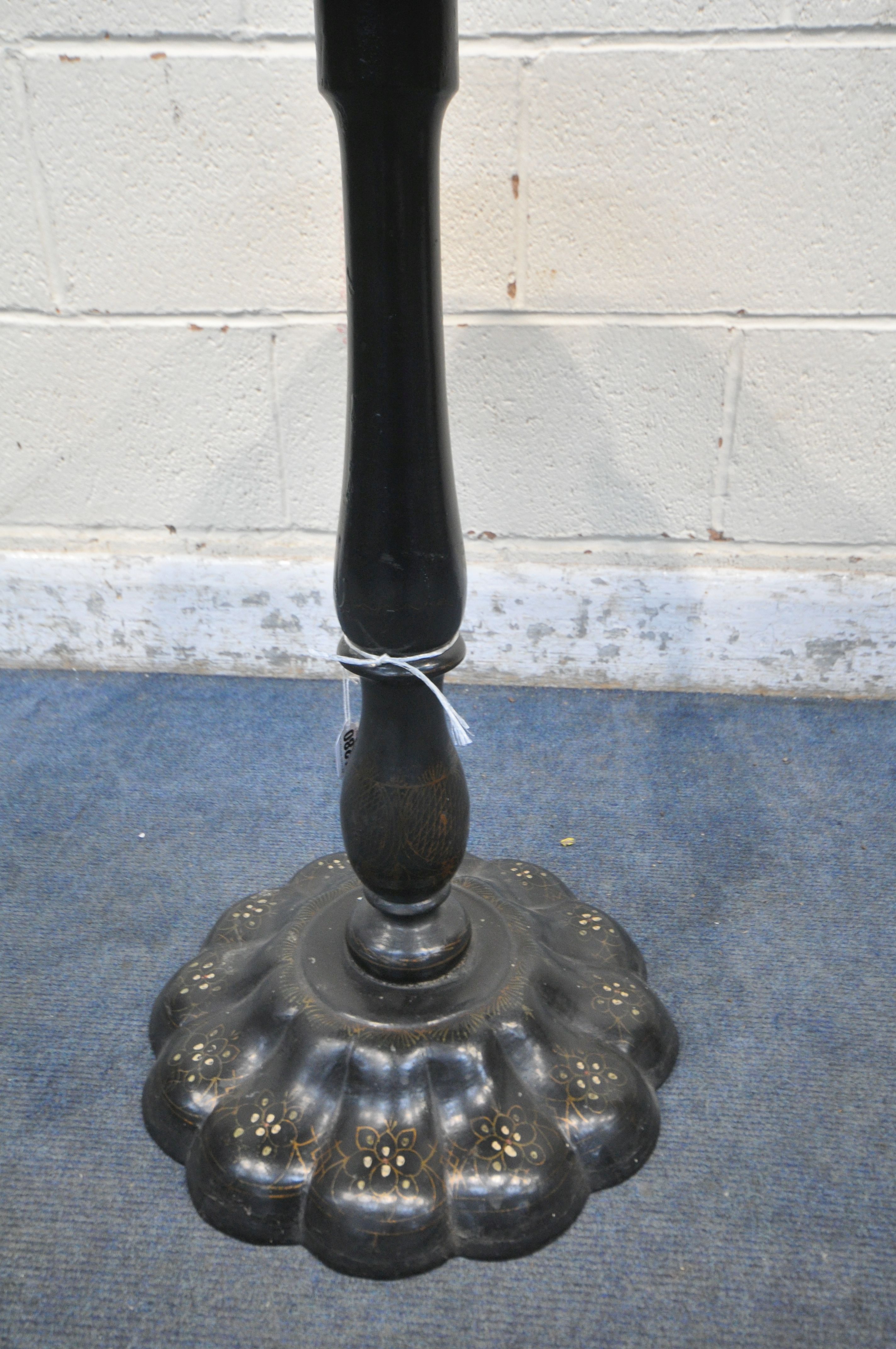A VICTORIAN EBONISED, PARCEL GILT PAPIER MACHE AND MOTHER OF PEARL TRIPOD TABLE, late 19th - Image 4 of 4