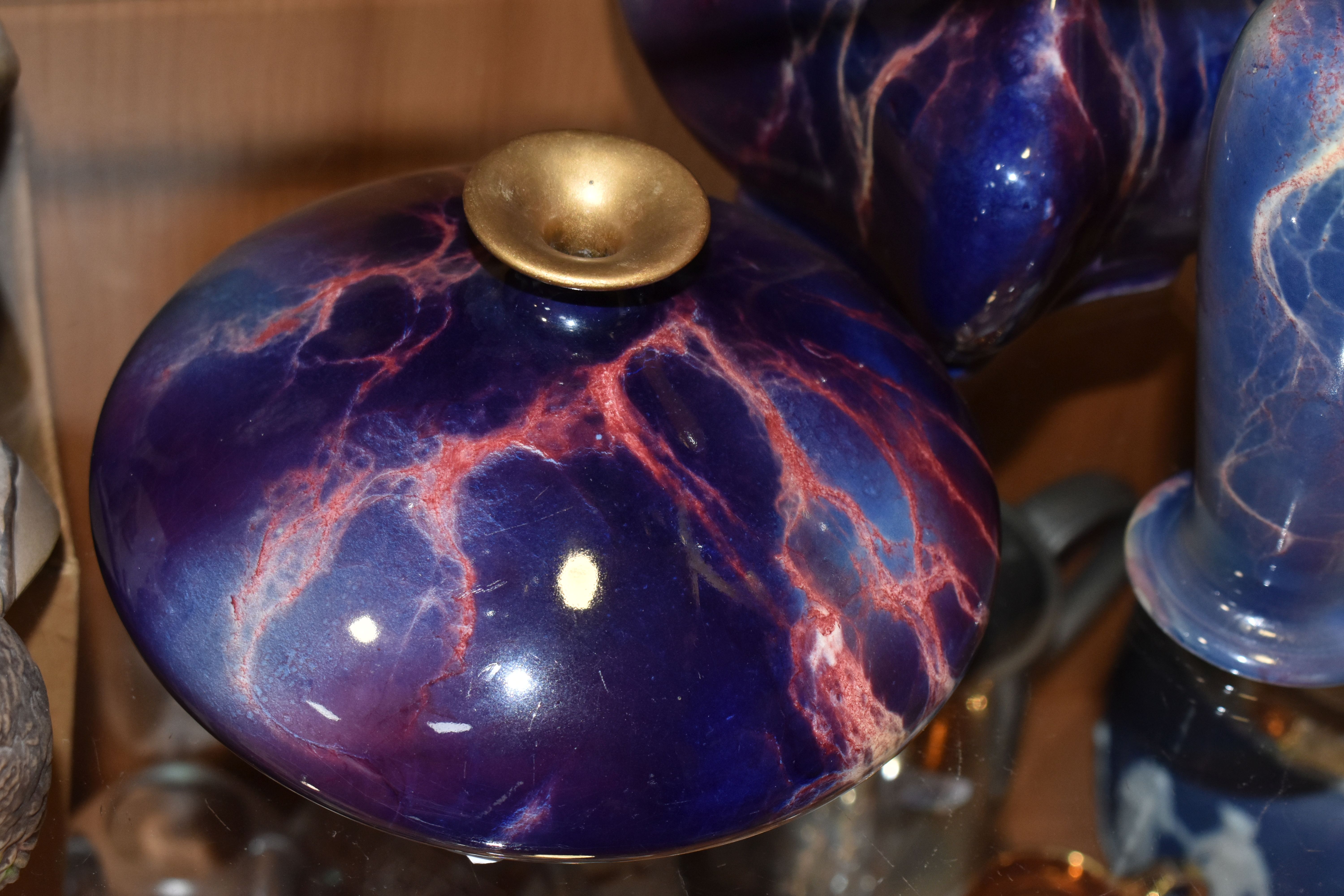 FIVE WILKINSON'S ROYAL STAFFS POTTERY ORIFLAMME VASES, with marbled purple and pink glazes, - Image 2 of 9