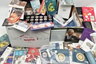 A LARGE CARDBOARD BOX CONTAINING AN ALUMINIUM CASE OF UK COINAGE WITH CURRENT STERLING COINS, of £30