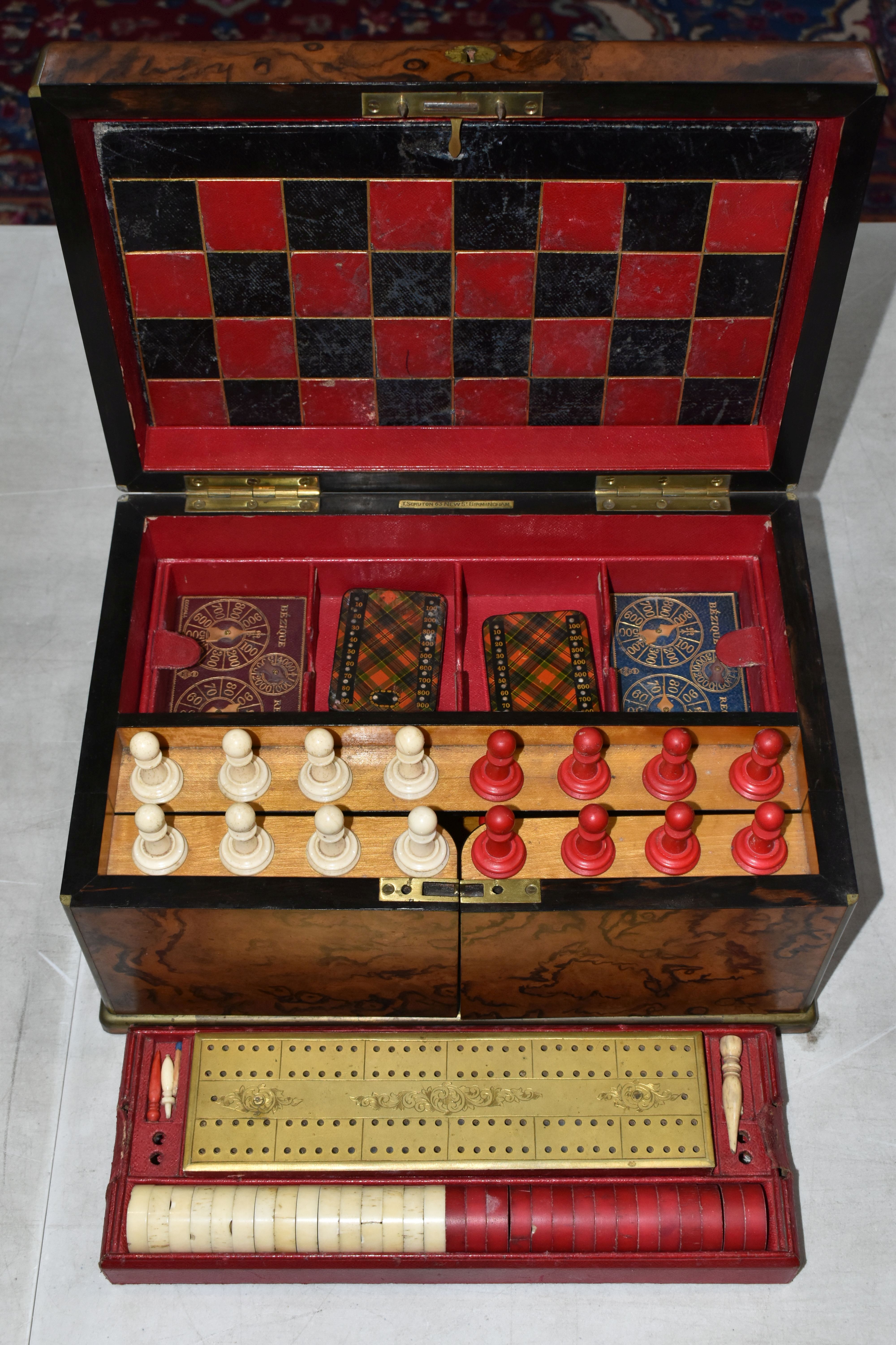 A VICTORIAN BURR WALNUT AND BRASS BOUND GAMES COMPENDIUM, the rectangular box with hinged lid with - Image 16 of 45