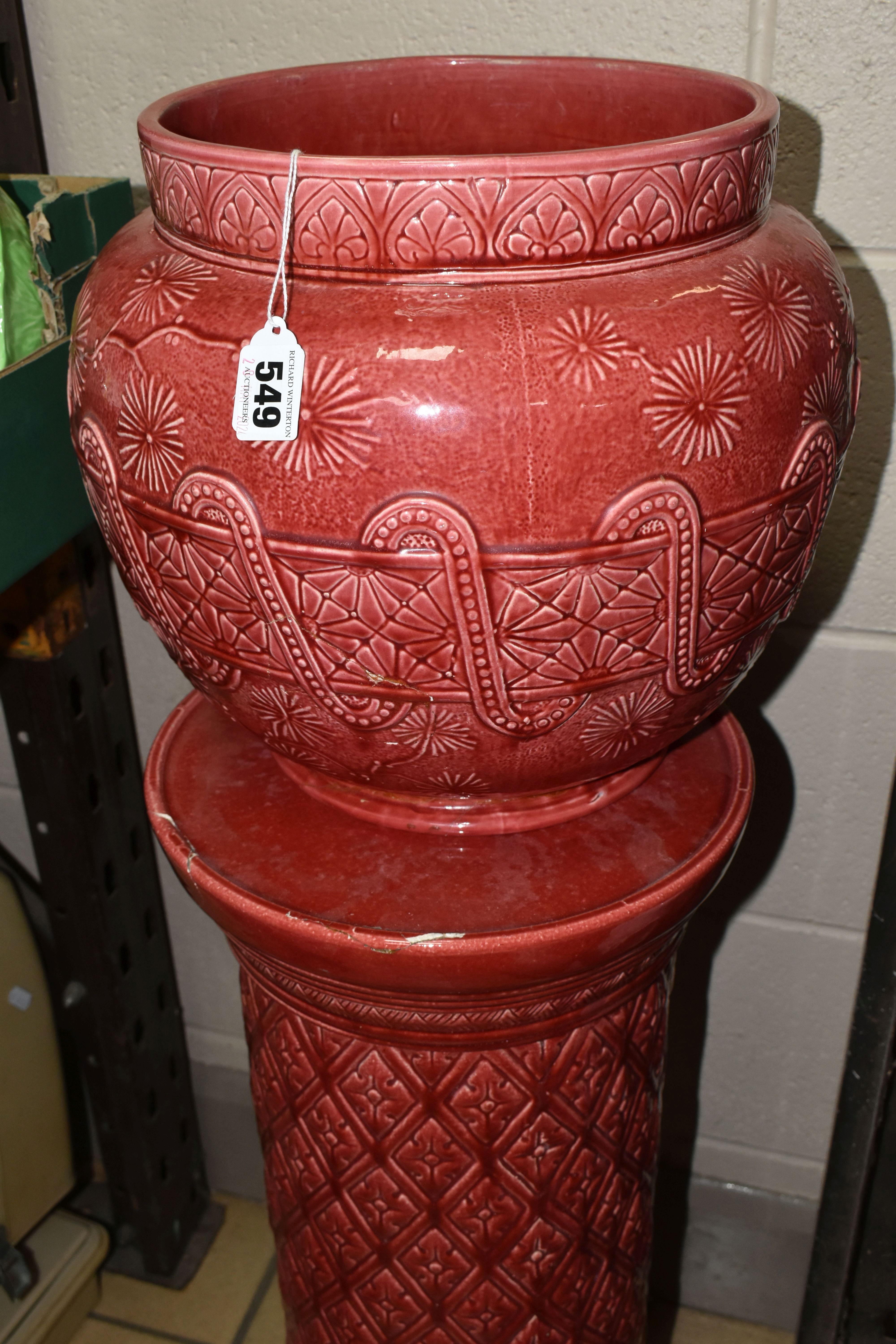 A LARGE RED BURMANTOFT JARDINIERE AND A SIMILAR COLOURED STAND, impressed marks to the base of the - Image 8 of 9