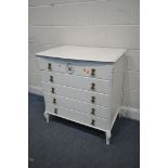 A WHITE FRENCH PAINTED CHEST OF FIVE DRAWERS, width 79cm x depth 49cm x height 84cm (condition