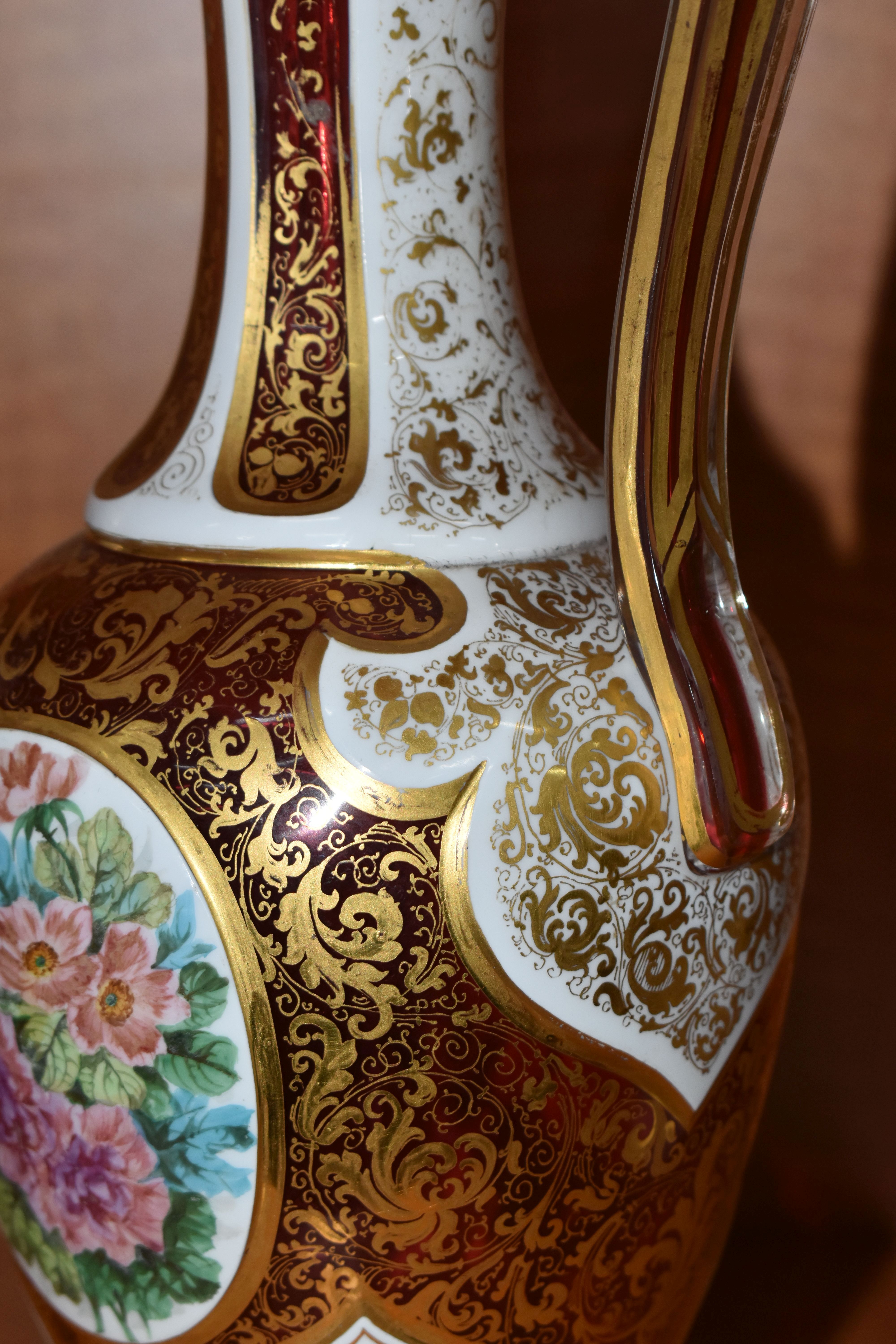 A SECOND HALF 19TH CENTURY CASED GLASS EWER, with 'S' scroll handle, the body overlaid with white - Image 5 of 13