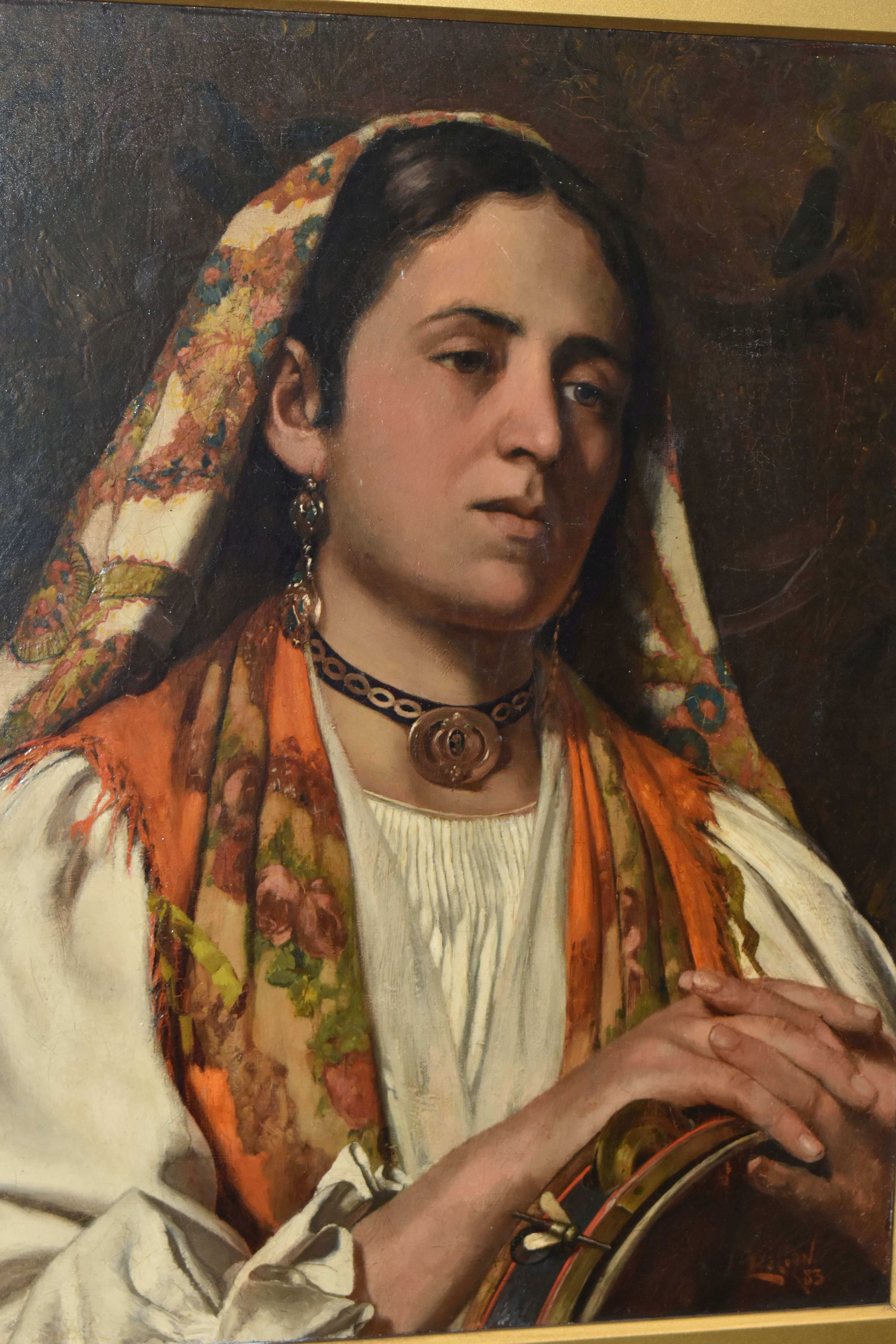 A LATE 19TH CENTURY PORTRAIT OF A CONTINENTAL GYPSY WOMAN, she wears a colourful headscarf and - Image 2 of 5